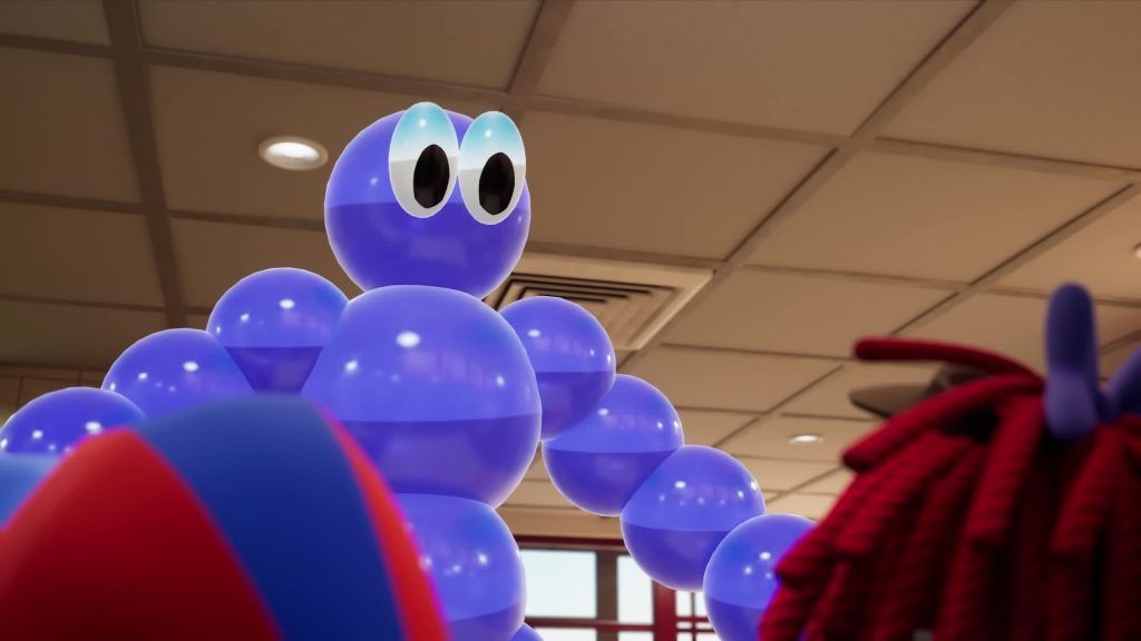 Orbsman made of shiny blue spheres looks down in the Digital Circus restaurant.