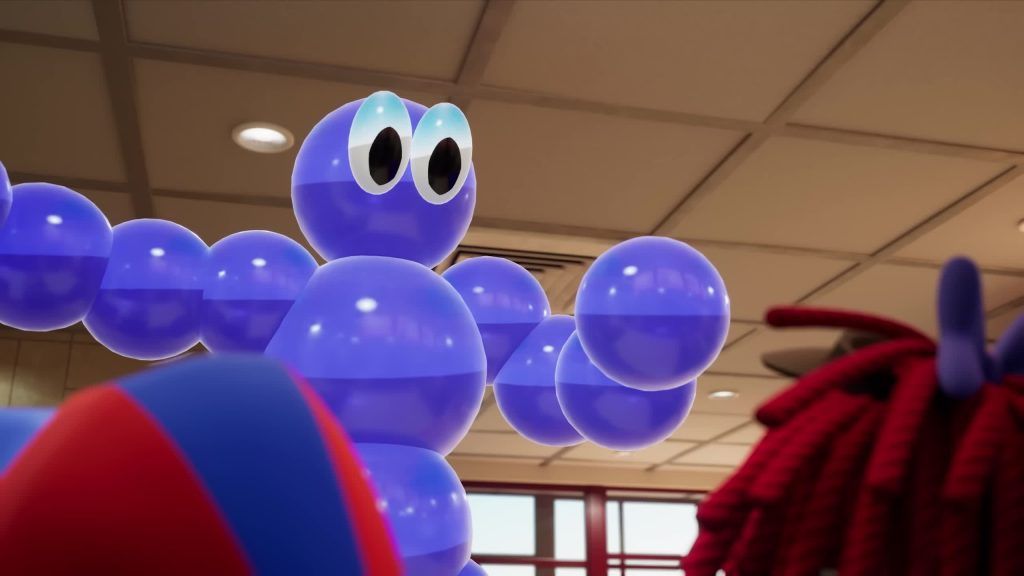 Orbsman raises his spherical arms while talking to Ragatha and Pomni in the Digital Circus restaurant.