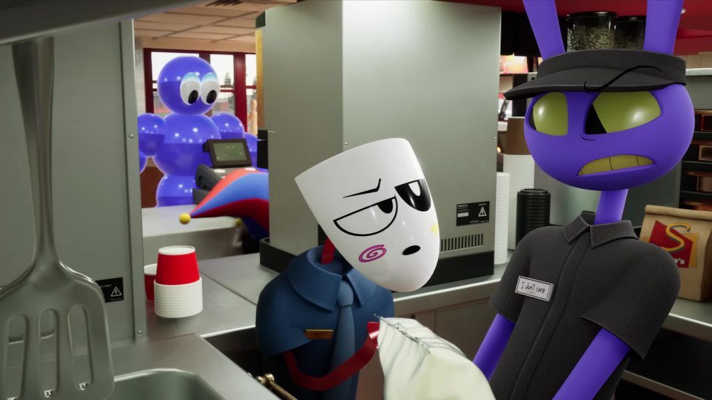 Jax and Gangle argue while Pomni and a blue balloon figure watch in the Spudley's kitchen inside the Digital Circus.