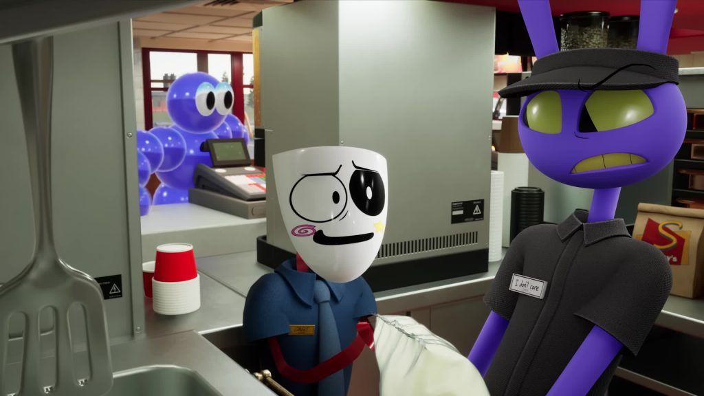 Orbsman appears behind the counter while Gangle and Jax talk in the kitchen of the Digital Circus restaurant.