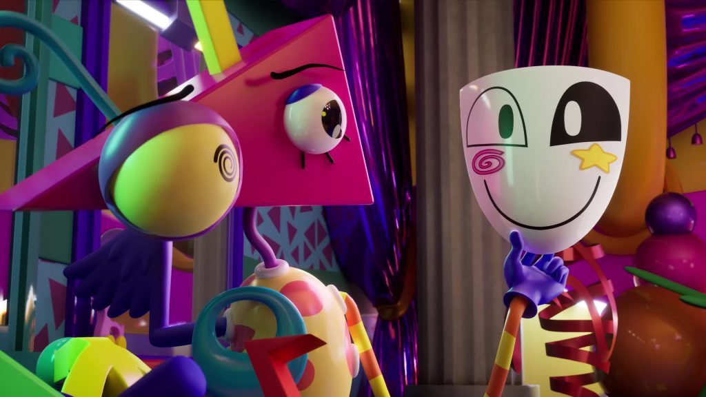Zooble and Gangle share a cheerful moment in the colorful Digital Circus world.