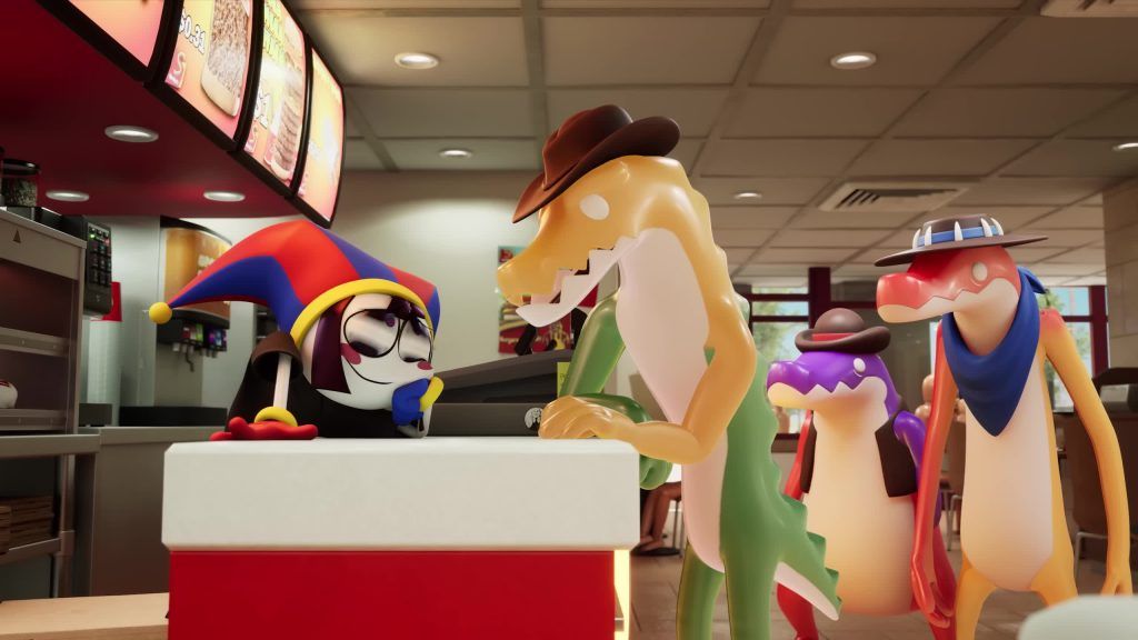 Pomni takes an order from cowboy lizards at the counter of Spudley's restaurant in the Digital Circus.