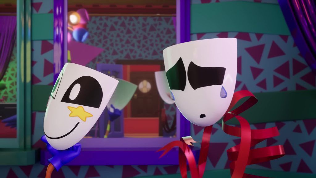 Gangle looks sad holding her broken happy mask while talking to another character in the Digital Circus.