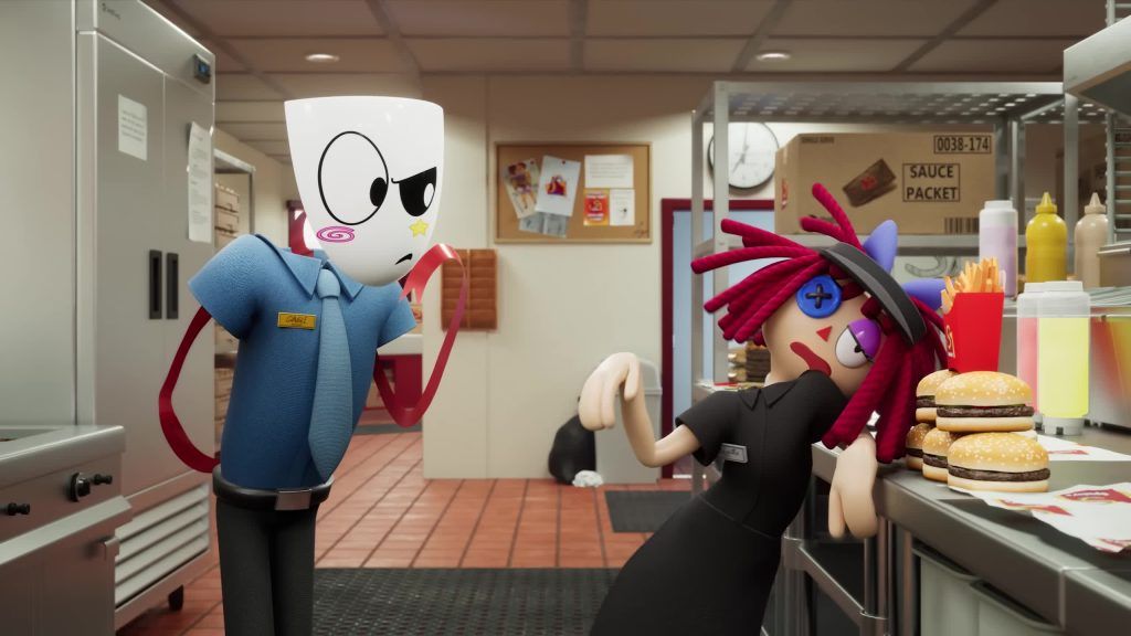 Gangle scolds Ragatha who leans near burgers in the kitchen of Spudley's restaurant inside the Digital Circus.