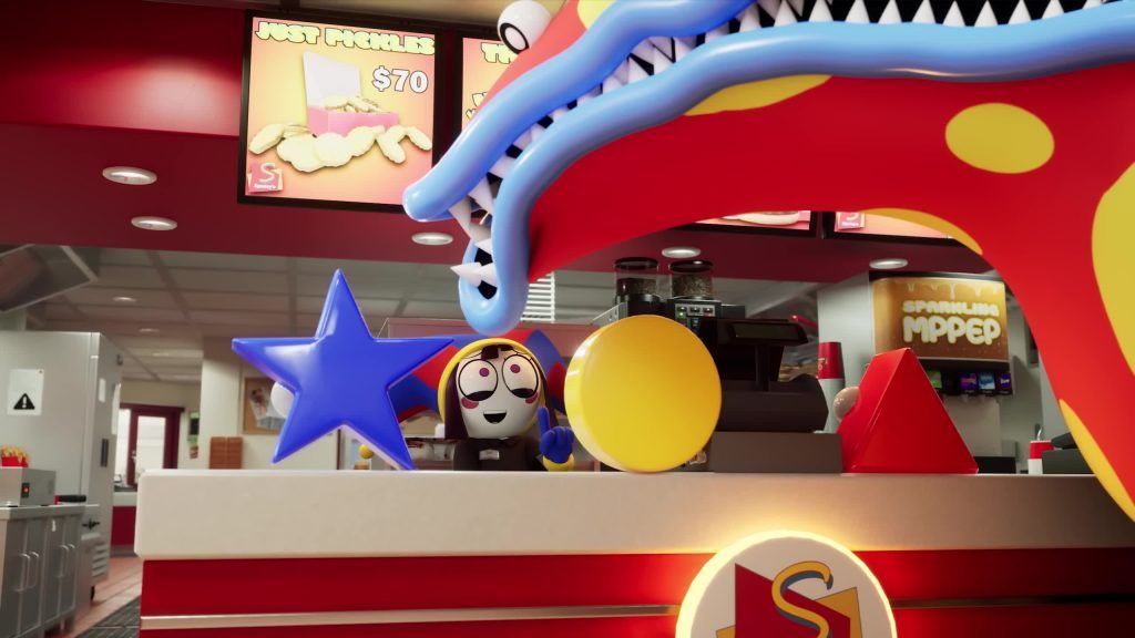 Pomni serves a giant colorful creature at the counter of Spudley's restaurant inside the Digital Circus.