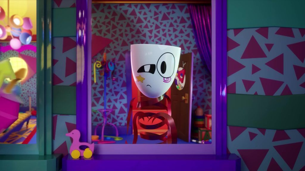 Gangle stands by a window wearing a mixed happy and sad mask in the Digital Circus.
