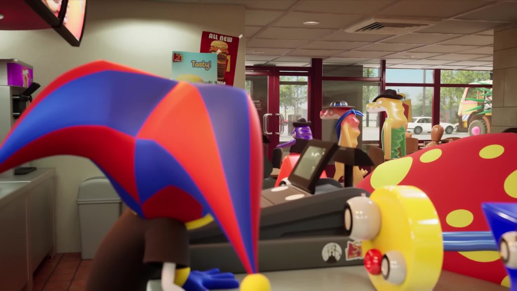 Gloinks reaches for food in the bright Digital Circus café interior