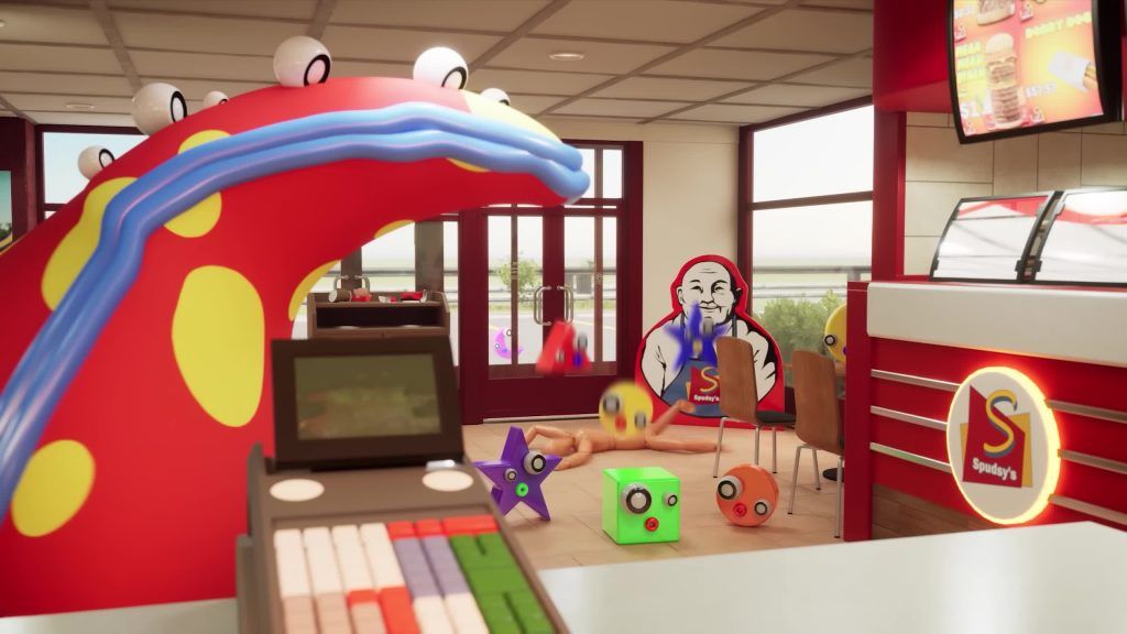 Gloinks scatter around Spudsy’s restaurant while the Gloink Queen attacks in the Digital Circus.