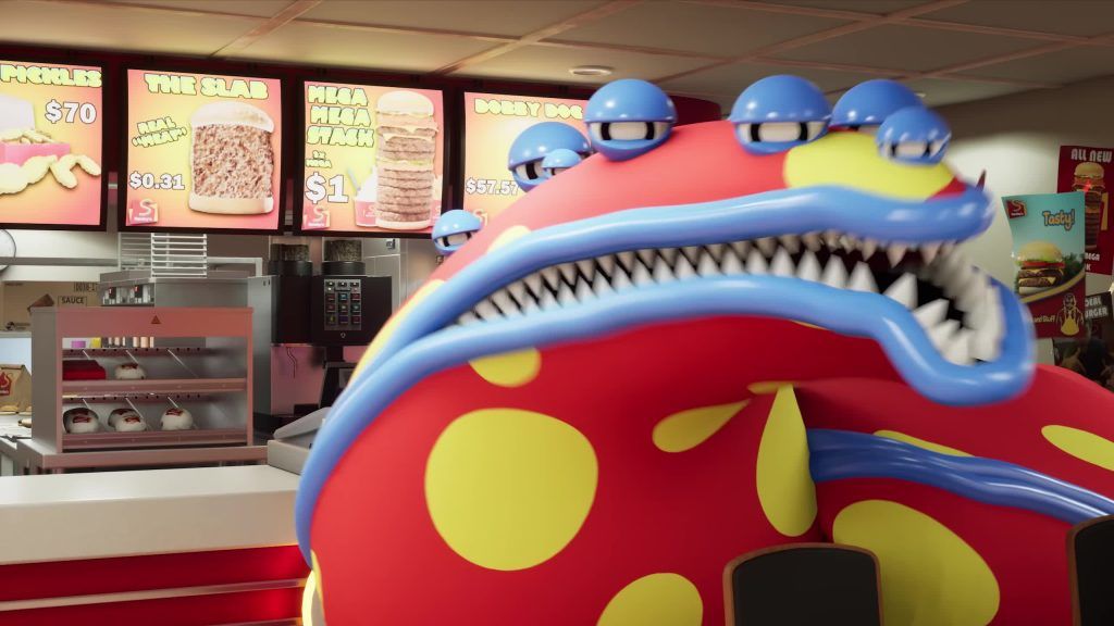 Close-up of the Gloink Queen growling with sharp teeth near the counter at Spudsy’s in the Digital Circus.