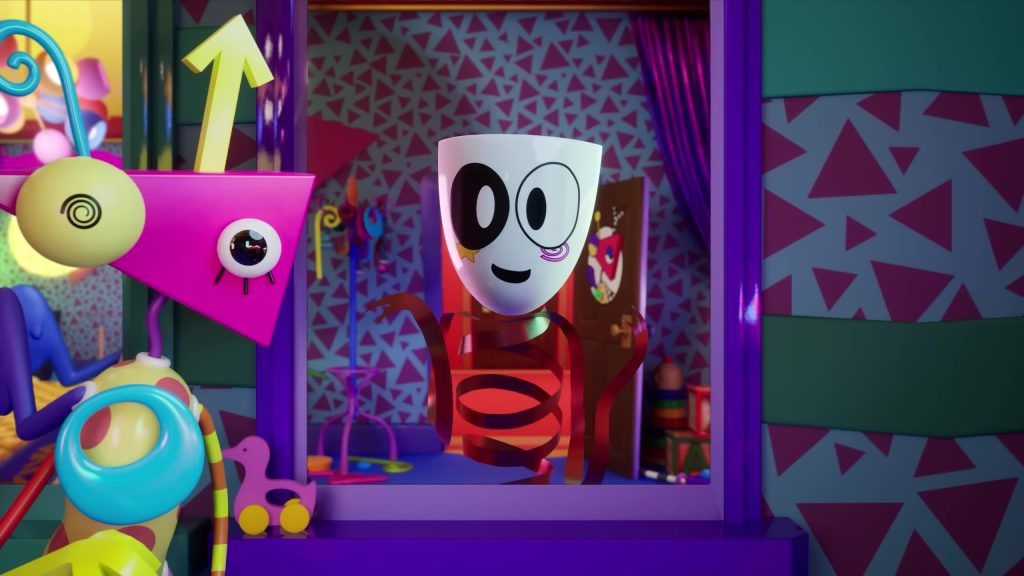 Zooble approaches Gangle who wears a happy half mask near a colorful window in the Digital Circus.