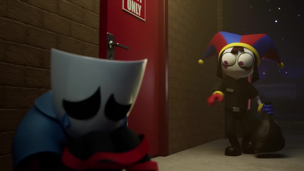 Pomni finds Gangle sitting sadly by the back door after work at Spudley's restaurant in the Digital Circus.