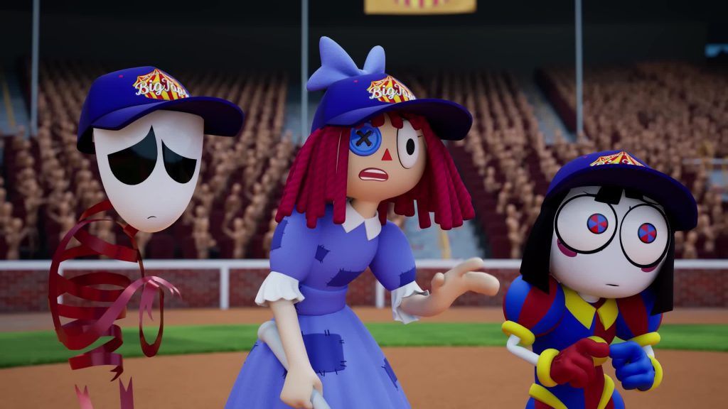 Gangle, Ragatha and Pomni wear baseball uniforms during a sports event in the Digital Circus stadium.
