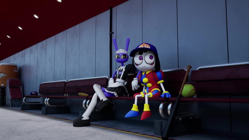 Jax in a maid outfit sits beside Pomni wearing a baseball uniform on a bench in the Digital Circus stadium.