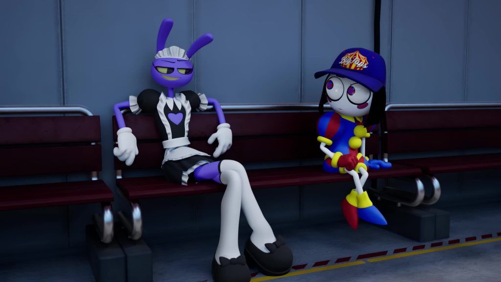 Jax wearing a maid outfit talks to Pomni sitting on a bench during the Digital Circus baseball episode.