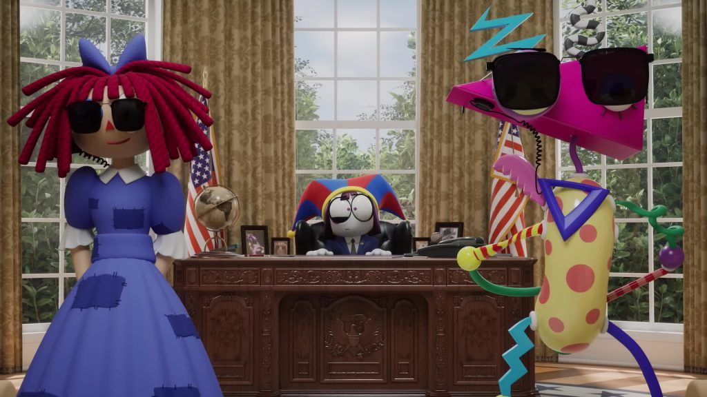 Pomni sits at a presidential desk while Ragatha and Zooble wear sunglasses in a parody of the White House scene from the Digital Circus.