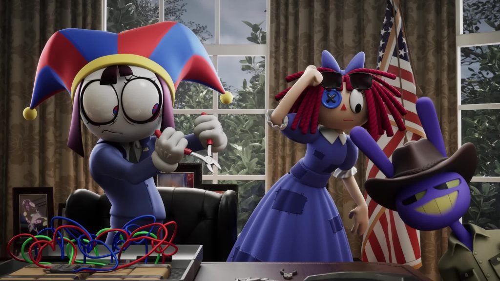 Pomni holds a wire cutter while Ragatha and Jax prepare for action inside the Digital Circus office.