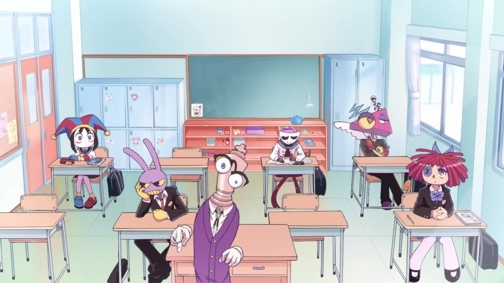 Pomni, Jax, Kinger, Gangle, Zooble and Ragatha sit in a classroom during a school-themed Digital Circus episode.