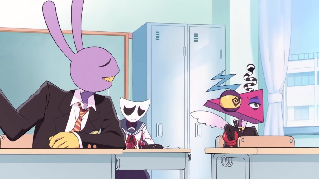 Jax, Gangle and Zooble sit at desks in a bright classroom scene from the Digital Circus anime parody.