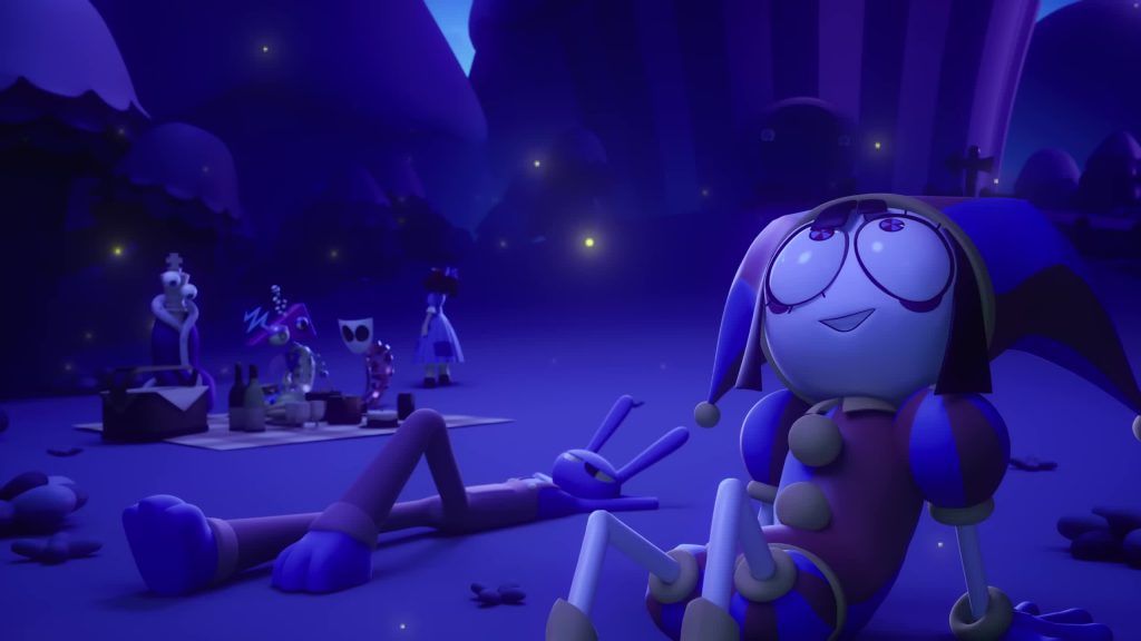 Pomni lies under the stars with Jax and other Digital Circus characters during a peaceful nighttime picnic.