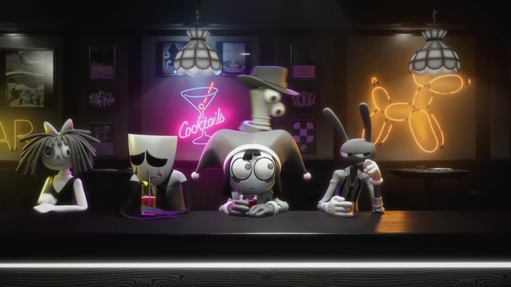 Pomni, Jax, Gangle, Kinger and other Digital Circus characters sit at a neon-lit bar with colorful lights.