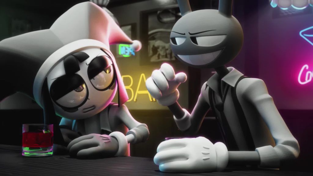 Pomni listens tiredly as Jax talks with a smirk at a neon bar inside the Digital Circus.