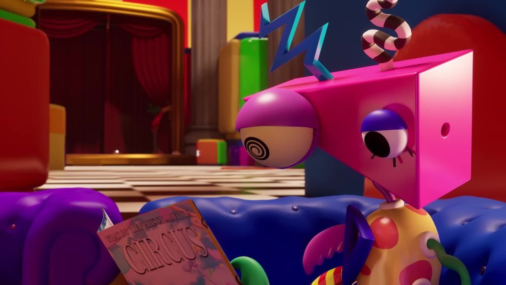 Zooble sits on a couch reading a circus magazine inside the Digital Circus.
