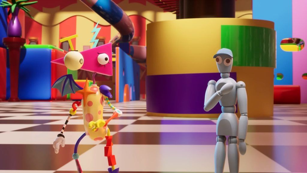 Ming stands beside a gray mannequin character on the colorful stage of the Digital Circus.