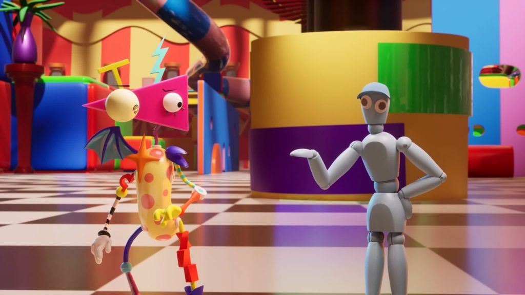 Ming listens as a mannequin gestures while they talk inside the Digital Circus.