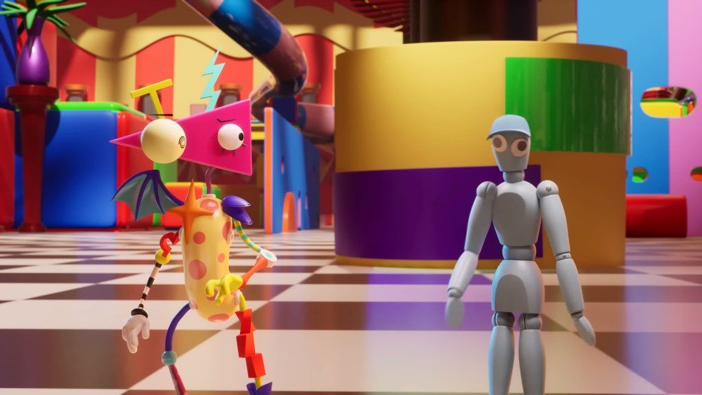 Ming looks unimpressed standing next to a mannequin in the bright hall of the Digital Circus.