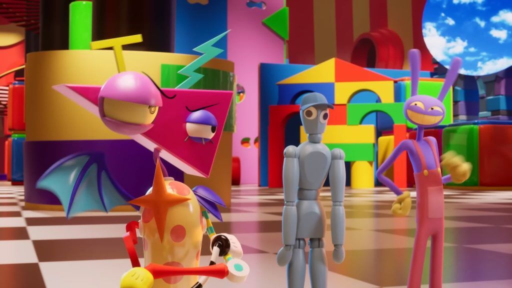 Ming and mannequin talk as Jax appears laughing in the colorful world of the Digital Circus.