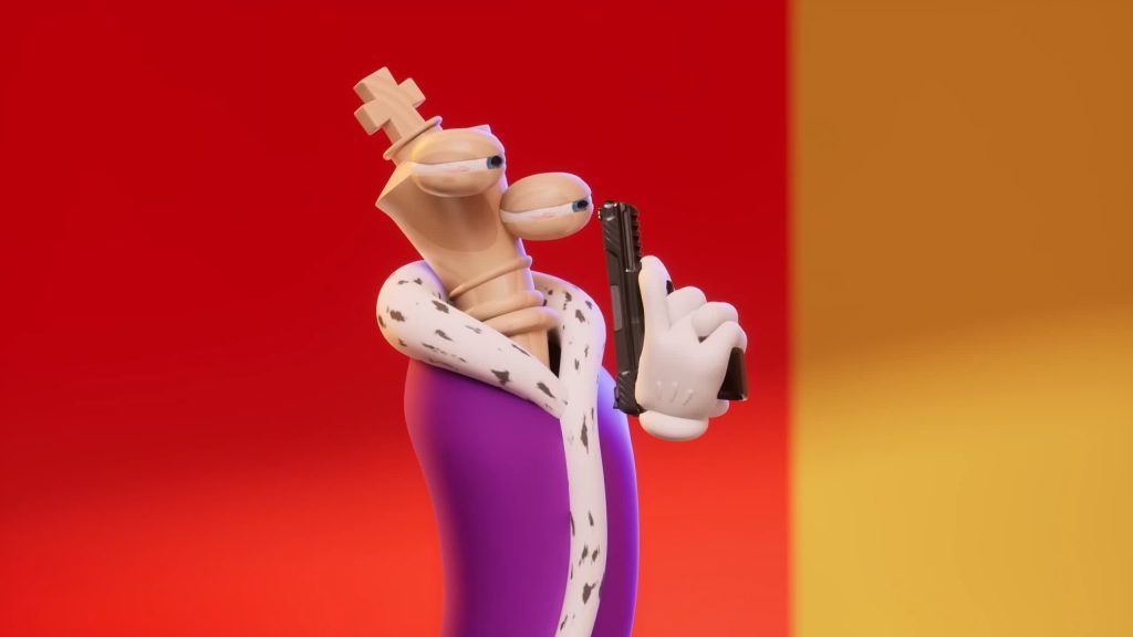 Kinger holds a pistol with a focused look against a red and yellow background in the Digital Circus.