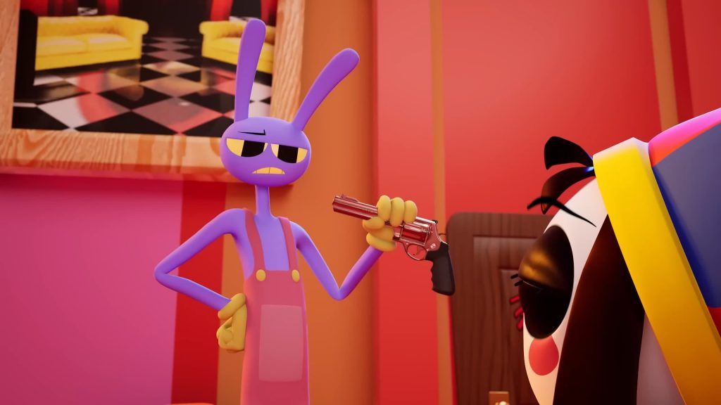 Jax points a revolver with a serious look while Pomni stands nearby in the Digital Circus hallway.