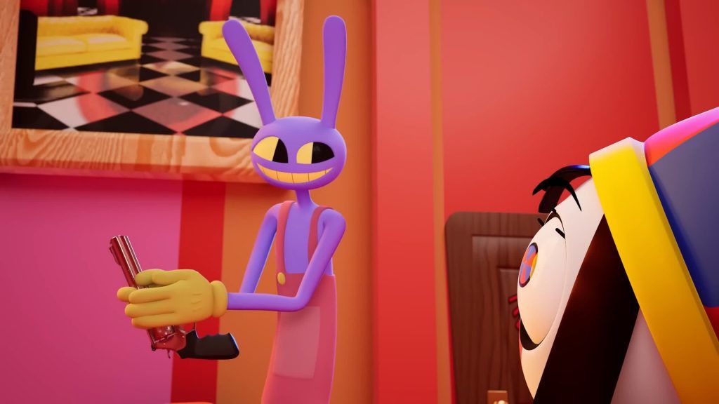 Jax smirks while holding a revolver as Pomni watches in the colorful hallway of the Digital Circus.