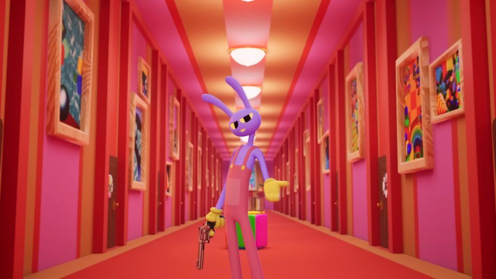 Jax stands confidently in a long red hallway holding a revolver inside the Digital Circus.