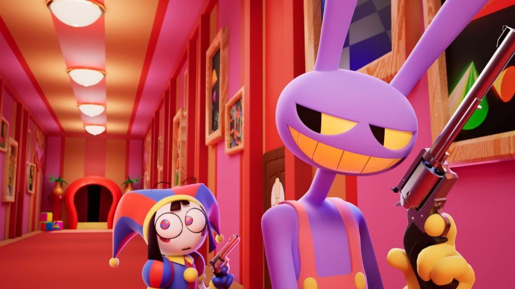 Jax and Pomni stand together holding revolvers in the bright corridor of the Digital Circus.