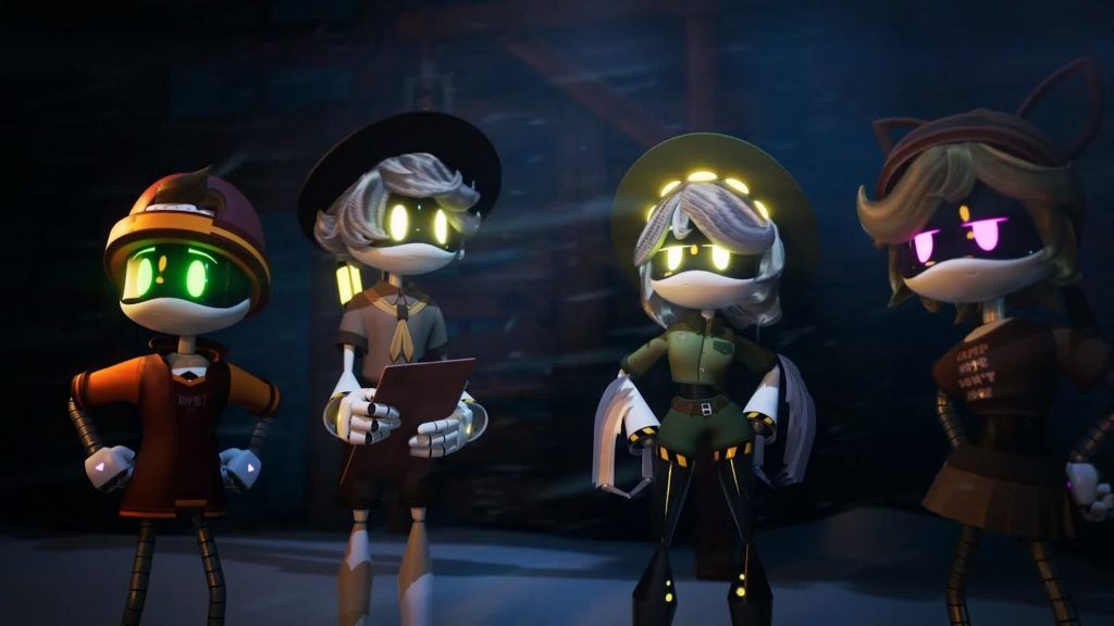 Four drones standing together in a snowy area, one holding a clipboard and wearing a ranger hat