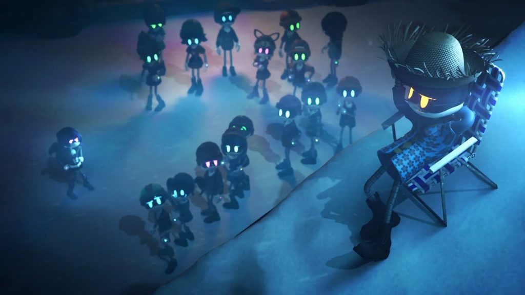 A group of worker drones standing in the snow and looking up at a drone sitting in a chair above them
