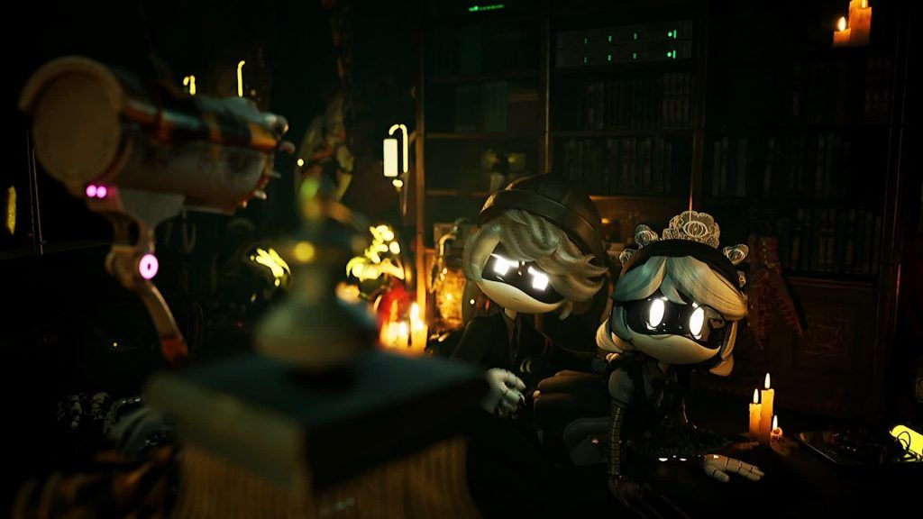 Two drones sitting close together in a dim library filled with candles and machinery parts around them
