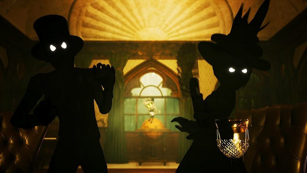 Two dark silhouetted figures with glowing eyes standing in a vintage room lit by warm golden light