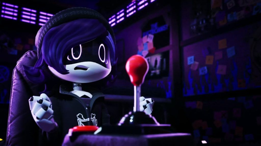 A purple-eyed drone sitting at a control desk holding a joystick in a dimly lit room