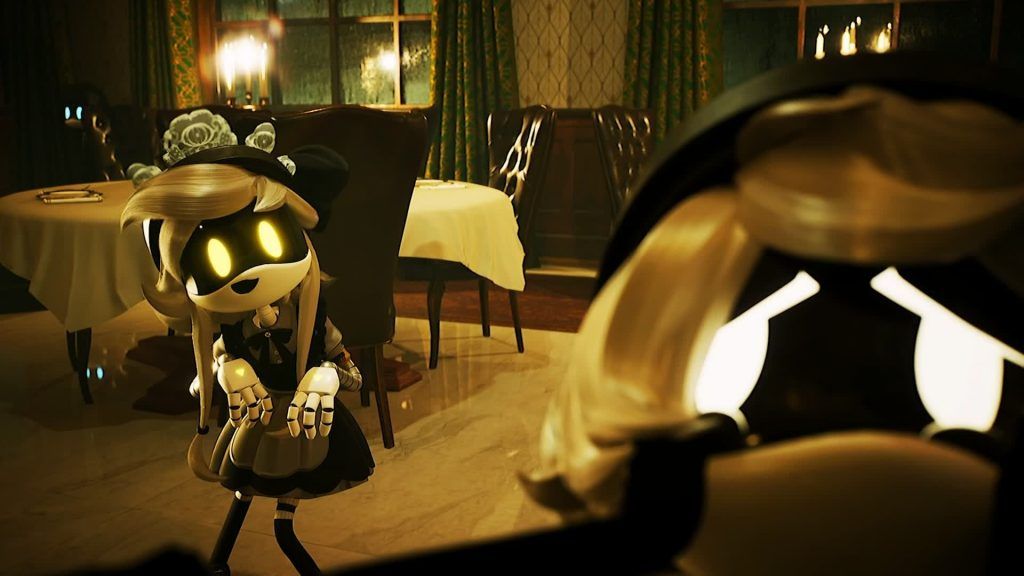 A maid drone standing awkwardly in a dining room with another drone watching from the foreground