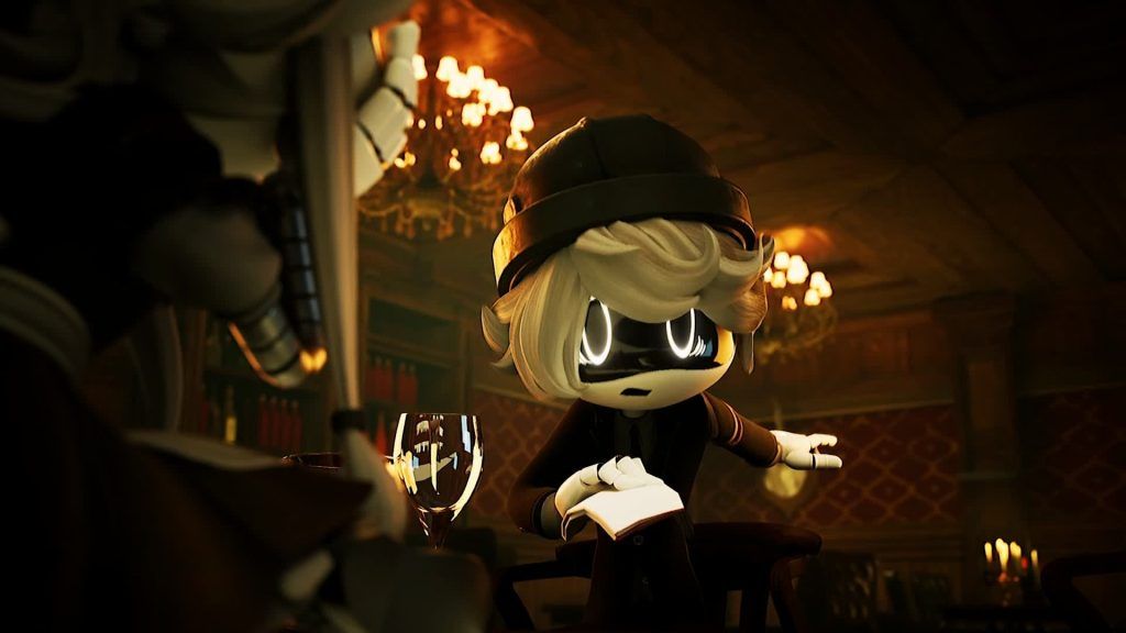 A drone in formal attire holding a napkin and gesturing nervously in a candle-lit dining room
