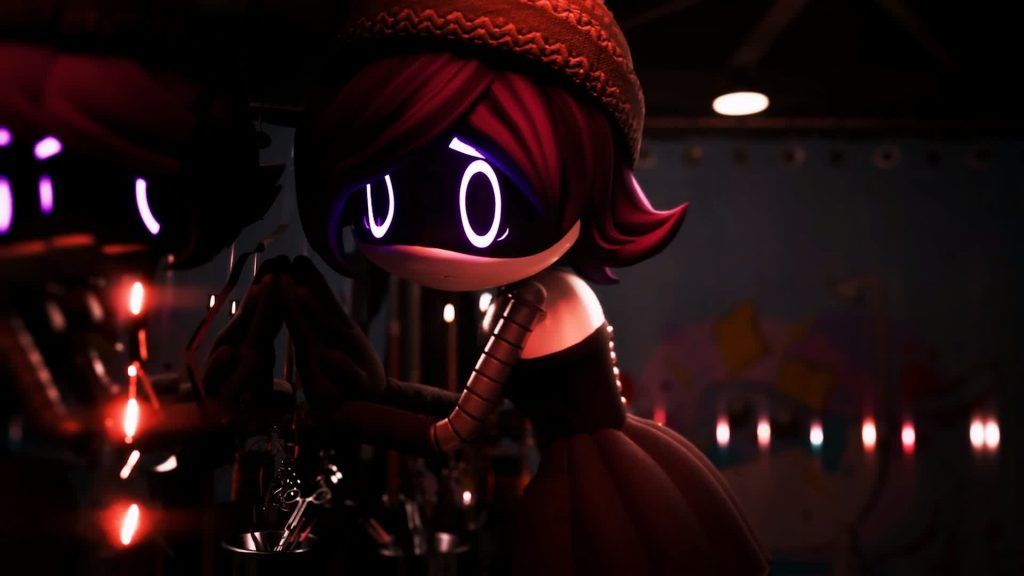A purple-eyed drone touching a reflective surface and looking emotional in dim red light