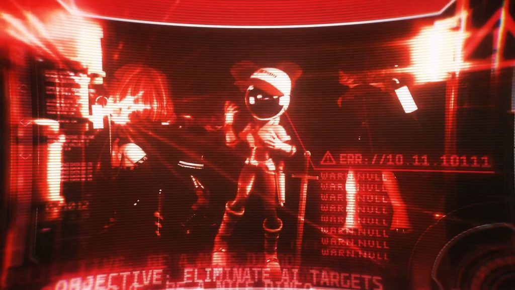 Red-tinted view through a targeting interface showing drones with warning text and glowing error messages