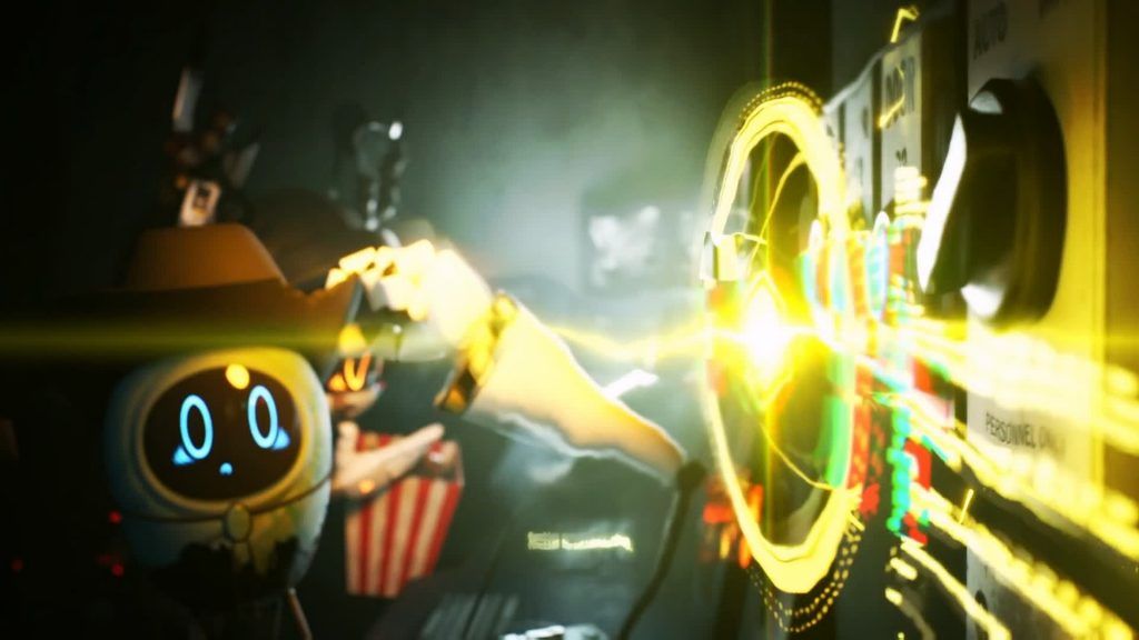 Small drone operating glowing yellow controls while other drones watch from the background in the dark