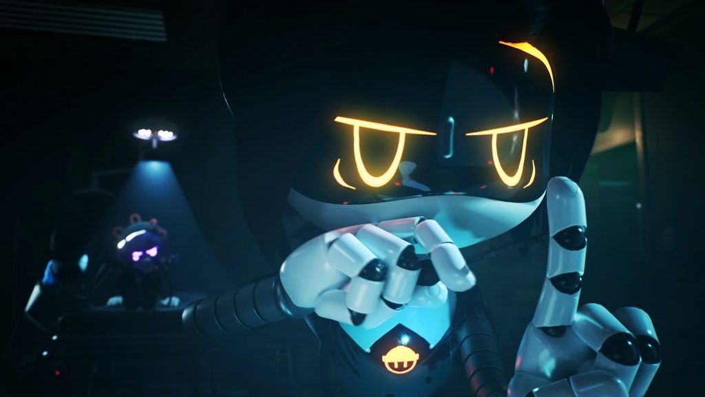 A drone pointing forward with glowing yellow eyes in a dimly lit room filled with equipment