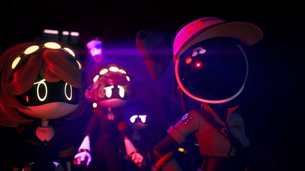 Group of drones in a dark room, one wearing a cap while others watch under purple and red lighting