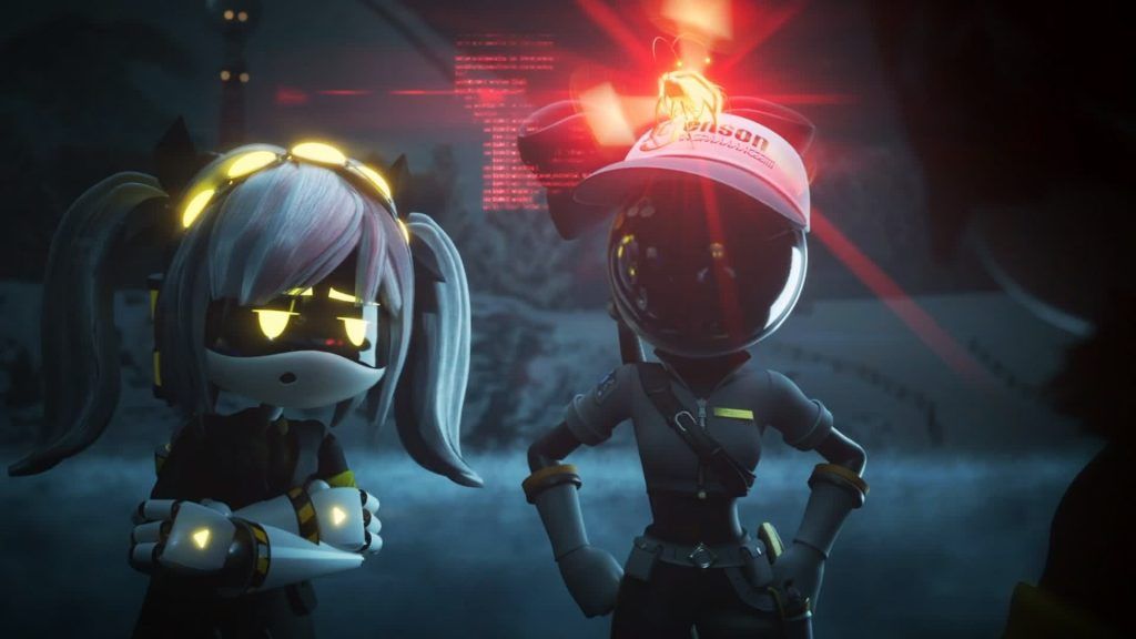 Two drones standing in the snow, one with pigtails and another wearing a cap with a red warning light