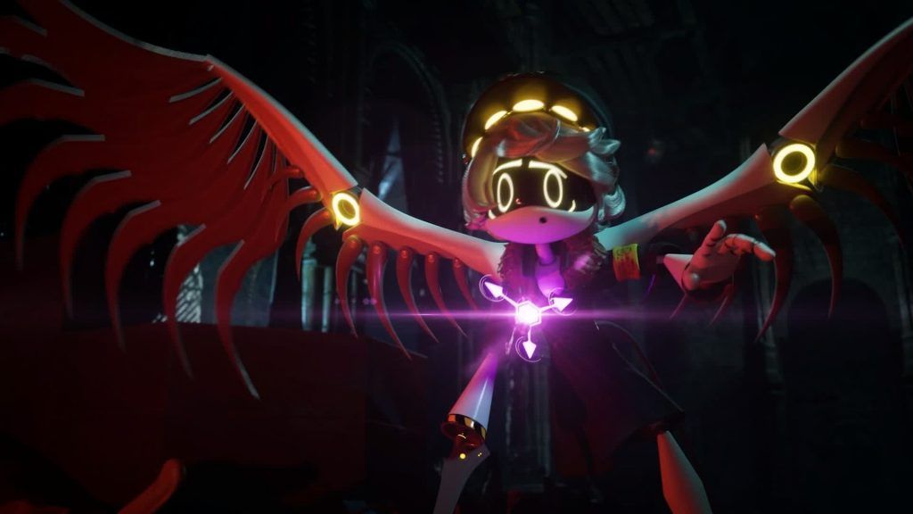 A drone with mechanical wings and glowing core spreading its arms in a dark underground chamber
