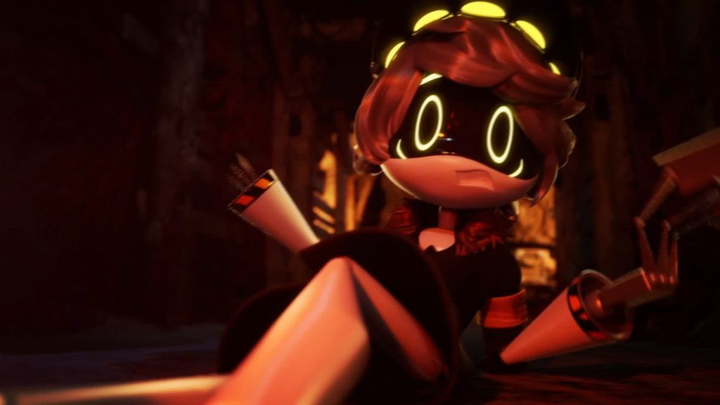 A glowing-eyed drone lying on the ground in a wooden tunnel with a surprised expression
